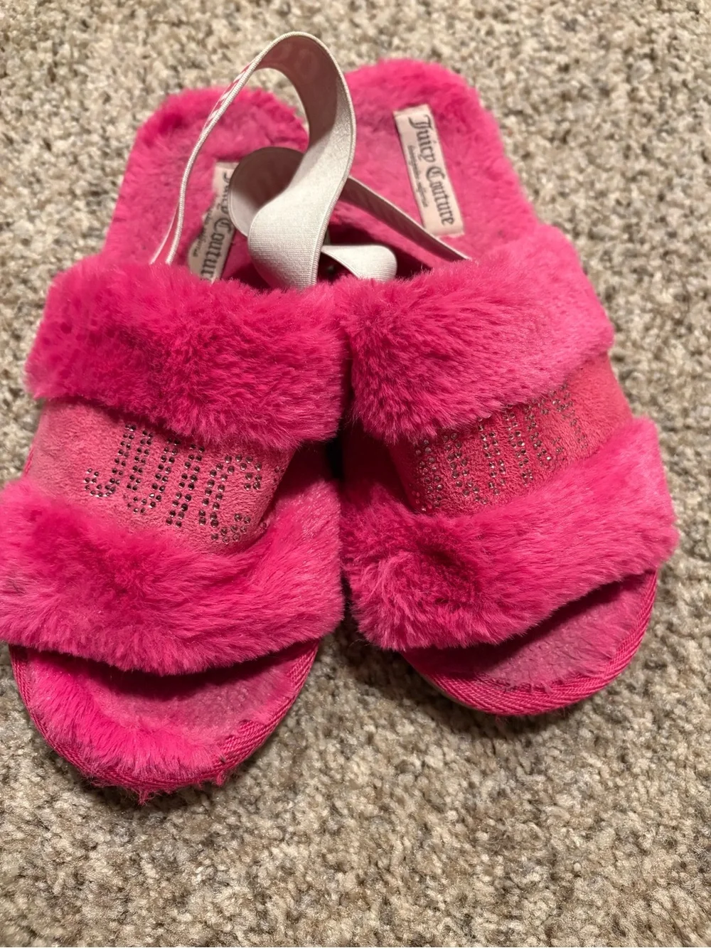 Juicy Couture Kids Hot Pink Fuzzy Slide Sandals with Rhinestone Logo